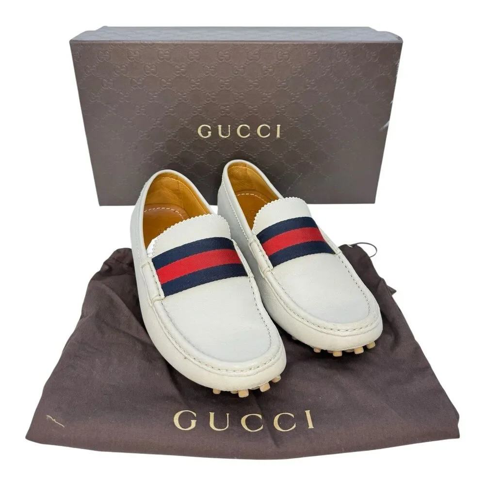 Authentic GUCCI Beige Driving Loafer Moccasin Shoes Red Blue 7G 7.5